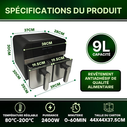 Comfy Nest, CNAFD45NS Heteluchtfriteuse, digitale dubbele mand, 2400 W, 9 l, van roestvrij staal, gezond en snel koken, ideaal voor je familiemaaltijden, 9 l, zilver