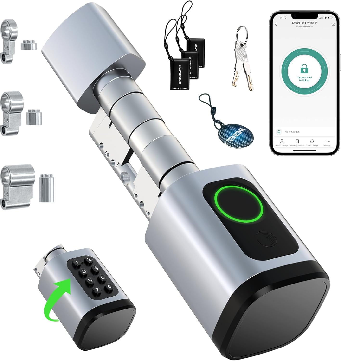 AVATTO Smart deurslot met vingerafdruk en wachtwoord voor 60-90 mm deur, lengte van de sluitcilinder is instelbaar, met sleutel, IC-kaart, ondersteunt Smart Life App afstandsbediening