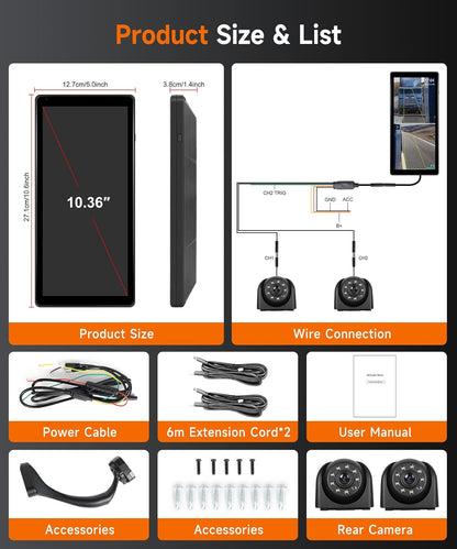 Spiegel-dashcam met 2 achteruitrijcamera's, vrachtwagen achteruitkijkspiegel met verticaal scherm voor vrachtwagen bus, 10,36 inch touchscreen-monitor met BSD-systemen/DVR/loopopname, IP67 waterdicht