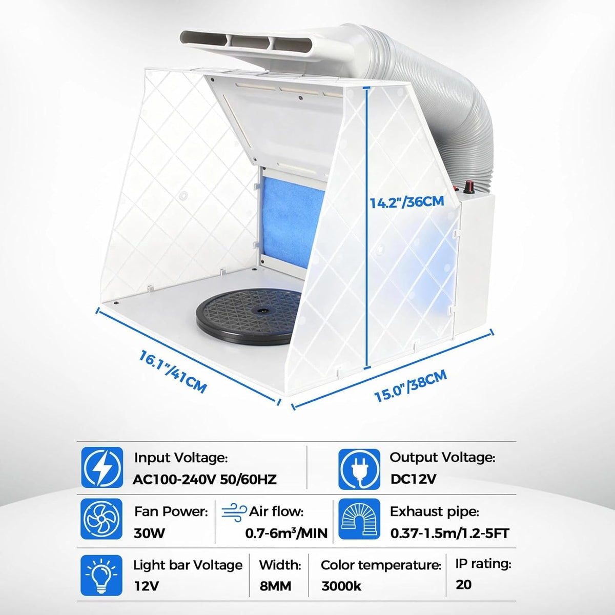 ABEST Airbrush-cabine, verstelbare krachtige ventilator en 4 ledlampen, 2-laags filter met 7,5 inch draaiplateau, 16 krokodillenstokken voor schilderen, modelbouw en handwerk