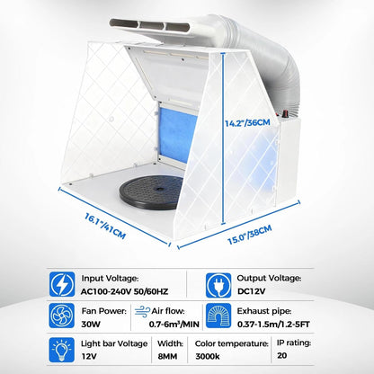 ABEST Airbrush-cabine, verstelbare krachtige ventilator en 4 ledlampen, 2-laags filter met 7,5 inch draaiplateau, 16 krokodillenstokken voor schilderen, modelbouw en handwerk