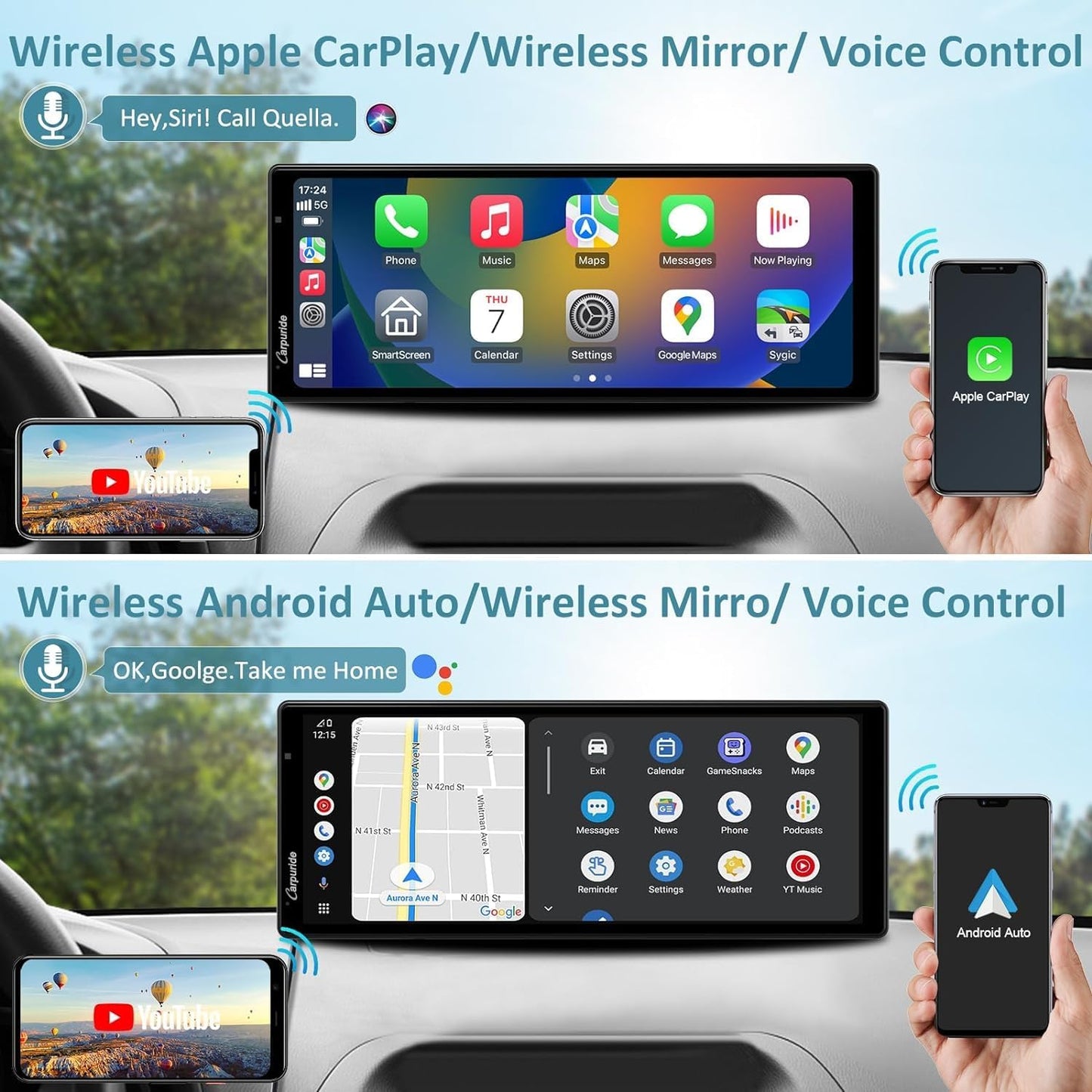 Autoradio Draadloze CarPlay – Android Auto Autoradio – Multimedia Systeem – Auto Entertainment – 9,3 Inch IPS Touchscreen – 4K Draaibare Dashcam & Achteruitrijcamera