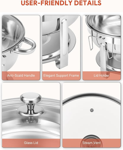 Wilprep Chafing dish rond met glazen deksel, Buffet set van 4, RVS voedselwarmer kit 5,5 liter, Bain Marie met brandpasta houder, voor partijen buffetten banketten diners