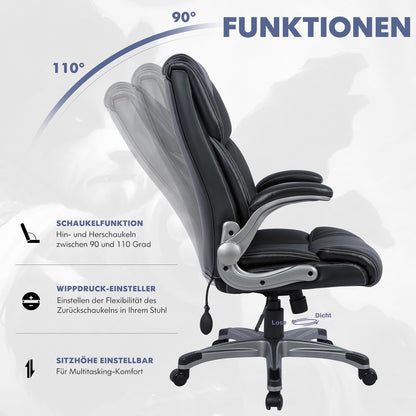 COLAMY Bureaustoel met hoge rugleuning, ergonomische computer-bureaustoel, lederen stoel met gevoerde armleuningen, verstelbare kantelsluiting, draaistoel voor volwassenen, zwart