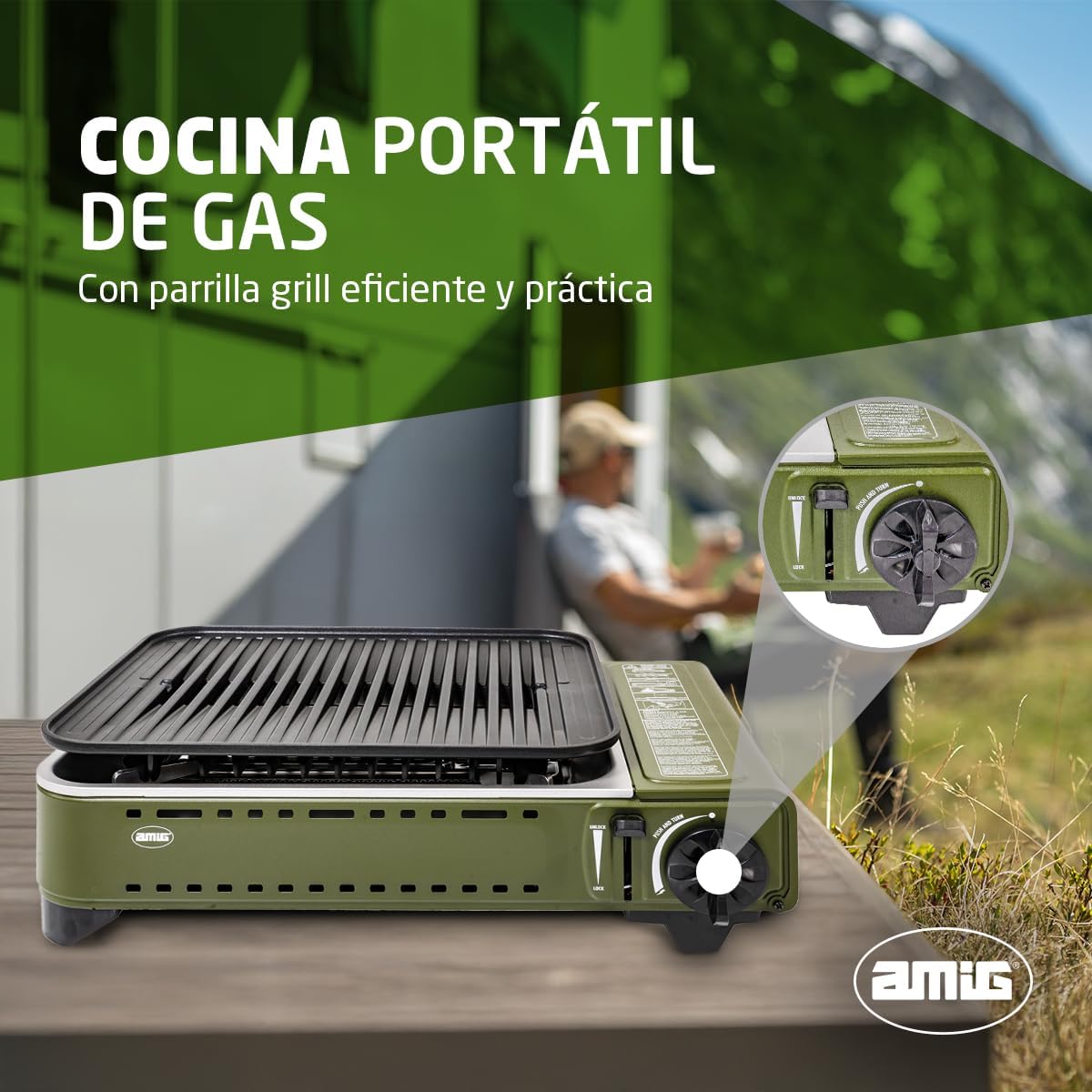 Amig - Camping gas - Portable stove - Grill - Cast aluminium grill - With grease tray made of stainless steel - Power: 1.8 kW - Suitable for B-250 gas cartridges - QUORE