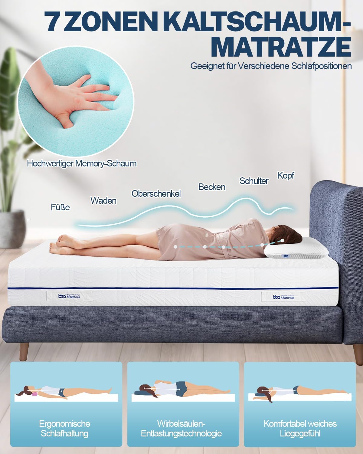 Matras 90 x 200 cm – Koudschuimmatras – Orthopedisch Matras – 7-Zones Matras – Ergonomisch Matras – Hypoallergeen en Antibacterieel – Afneembare Wasbare Hoes