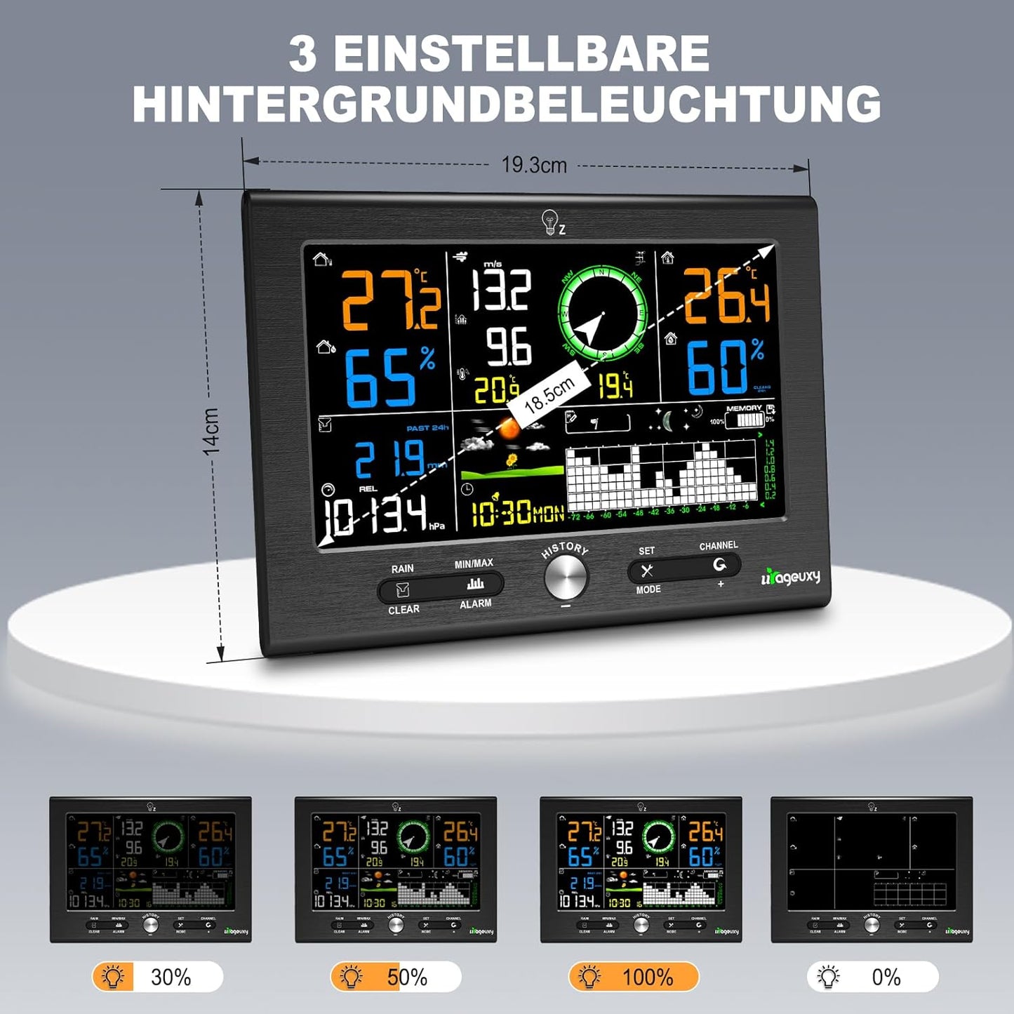 Urageuxy Draadloos weerstation met buitensensor, 7-in-1 professioneel weerstation met regenmeter en windmeter, 7,6 inch display, DCF-klok, datasoftware, binnen- en buitenthermometer, hygrometer
