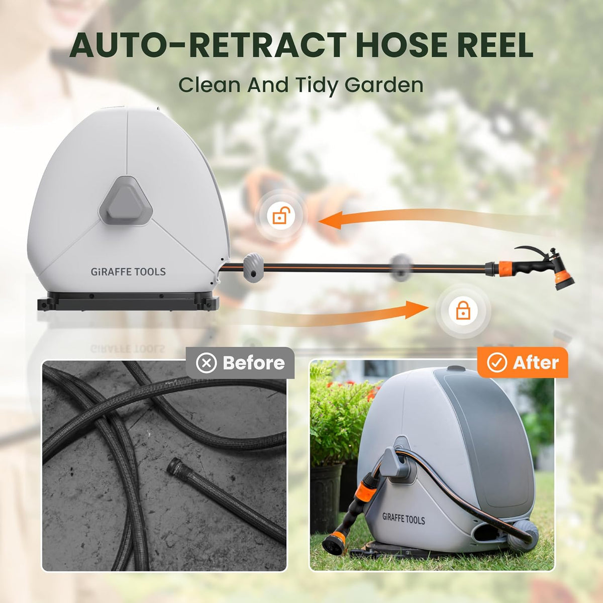 Giraffe Tools Intrekbare slanghaspel met 25 m, zware grondmontage tuinslanghaspel, met 9 functies sproeier en flexibele draaibare basis