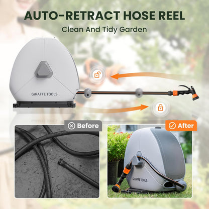 Giraffe Tools Intrekbare slanghaspel met 25 m, zware grondmontage tuinslanghaspel, met 9 functies sproeier en flexibele draaibare basis