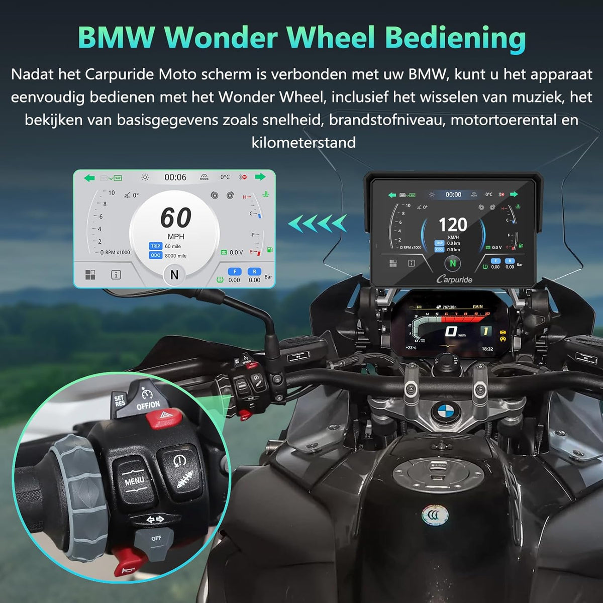 Carpuride W502BS für Motorrad CarPlay & Android Auto & Dual Bluetooth - 5 Zoll wasserdichter GPS-Navigation für Motorrad