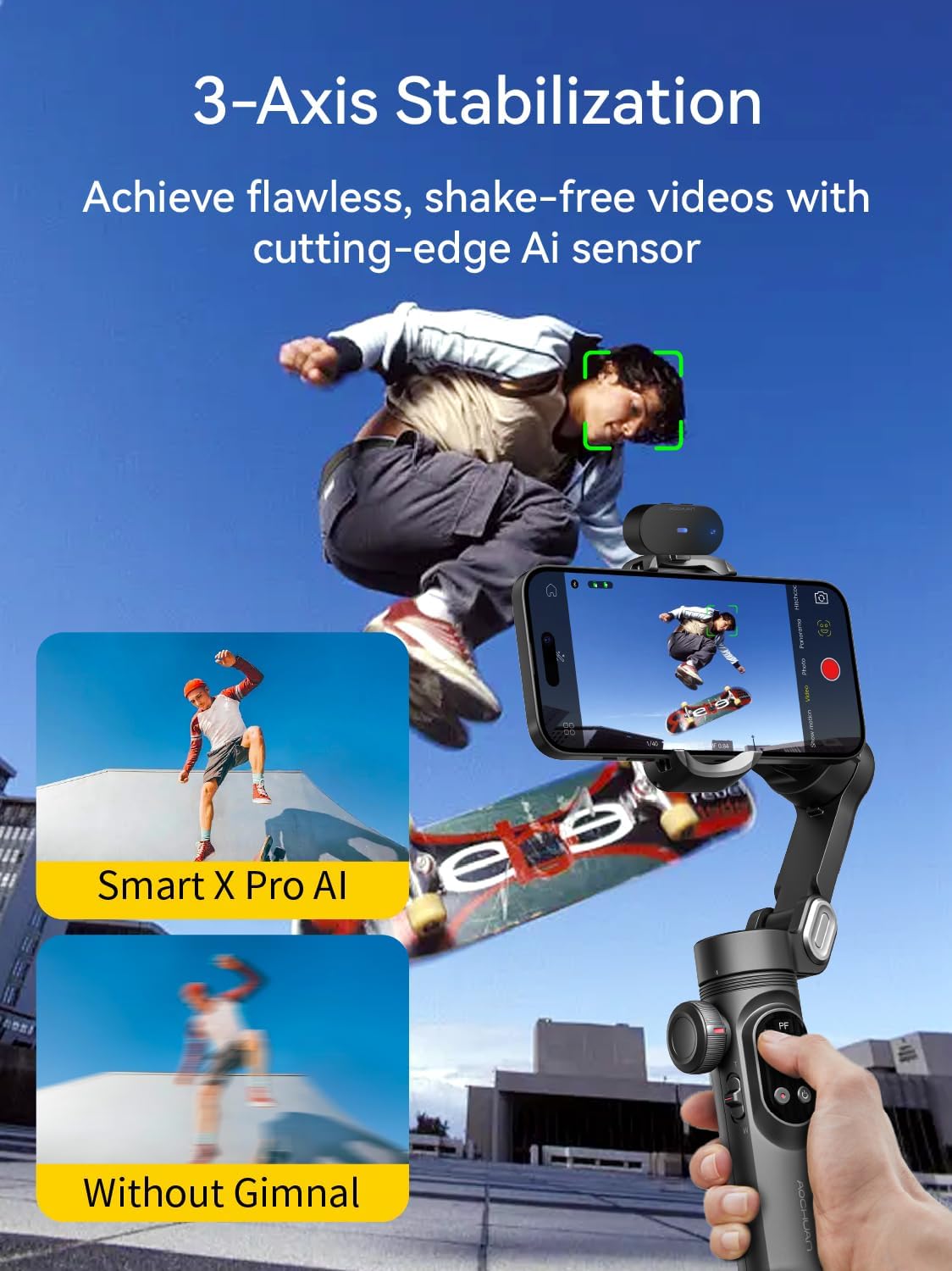AOCHUAN Gimbal Stabilizer voor iPhone, Gimbal w/AI Vision Sensor voor Face Tracking, 3-assige telefoonstabilisator w/draadloos opladen voor vlog-opname, compatibel met iPhone/Android-Smart AI XPro