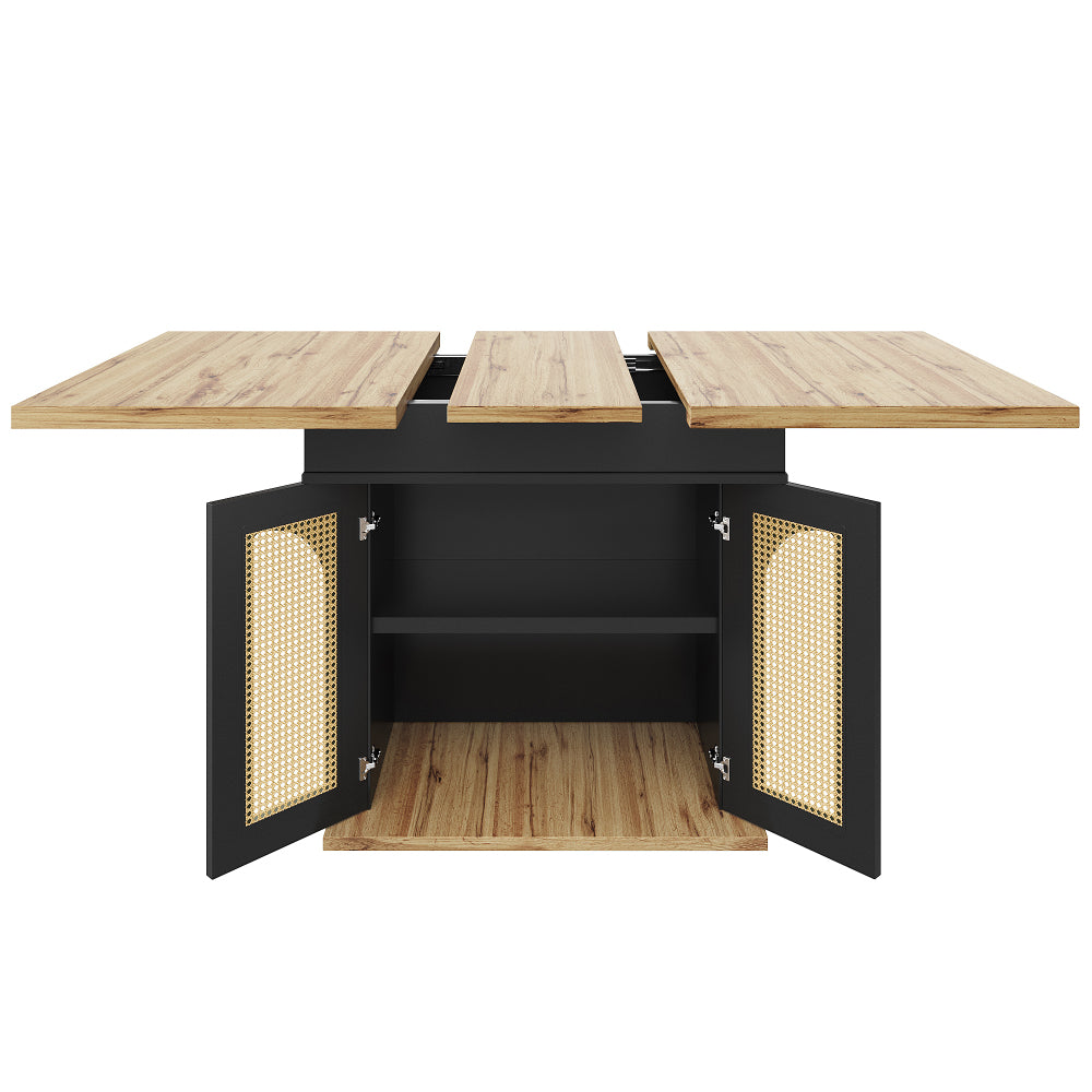 Telescopic Dining Table (110-140×80cm), Foldable Kitchen & Living Room Extendible Space-Saving 4-6 Seater with PE Rattan Cabinet Doors, Small Round Dining Table, Table for Dining Room, Spacesaving Furniture, Contemporary Des