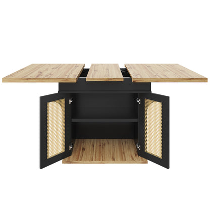 Telescopic Dining Table (110-140×80cm), Foldable Kitchen & Living Room Extendible Space-Saving 4-6 Seater with PE Rattan Cabinet Doors, Small Round Dining Table, Table for Dining Room, Spacesaving Furniture, Contemporary Des