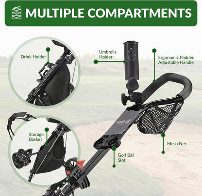Golfduwwagen – Golftrolley – Golfkar – Golfkarretje – Push Cart – 3-wielig, Lichtgewicht – Compact Inklapbaar