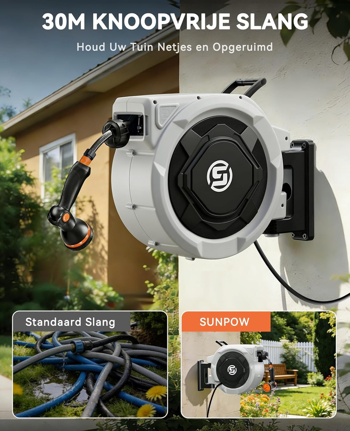 SUNPOW Slanghaspel 30m x 16mm met 10 Standen Sproeikop - Automatisch Langzaam Oprollen, op Elke Lengte te Vergrendelen, 180° Draaibare Koppelingen voor Gazon en Tuin - QUORE