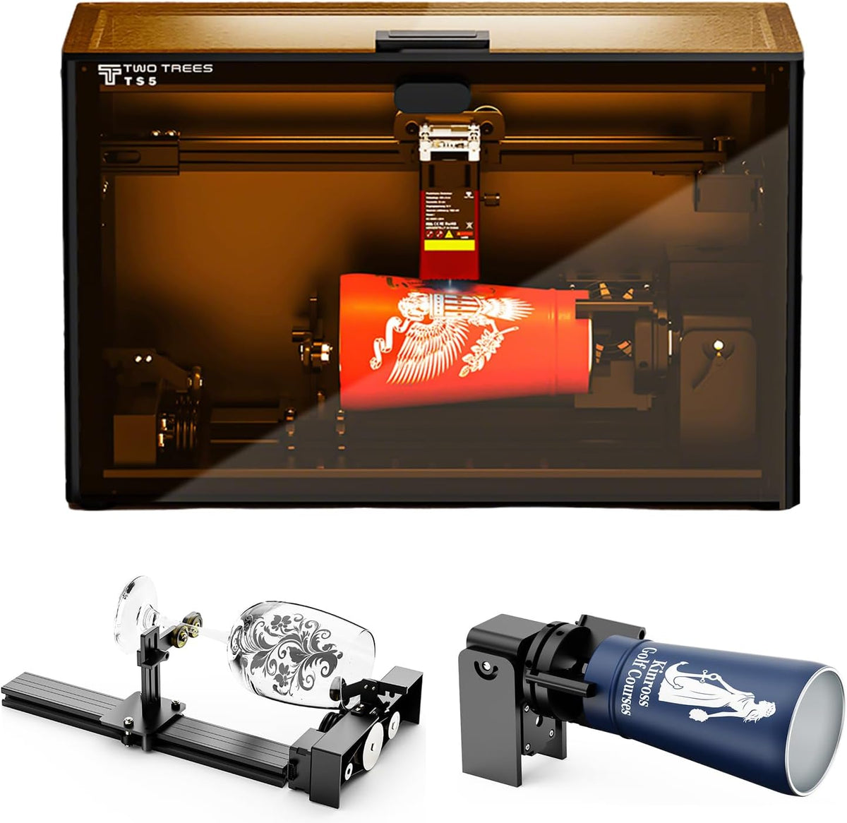 Twotrees TS5 roterende lasergraveermachine voor bekerflessen, voorgemonteerde CNC-machine voor het graveren van rond object op hout, metaal, glas