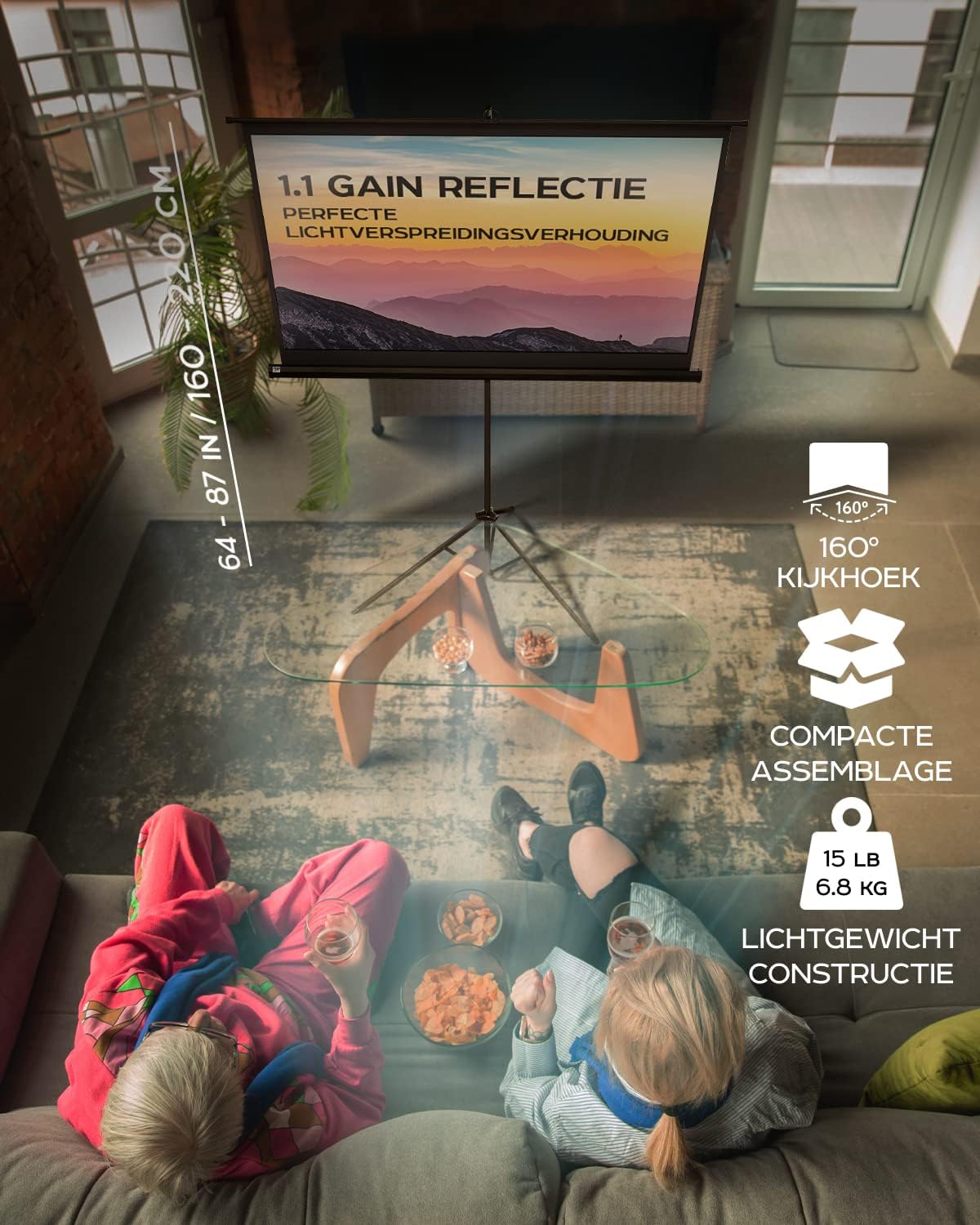 PropVue Projectorscherm met standaard, 84 inch (ca. 213 cm), 16:9 HD premium kreukvrij statiefscherm voor projector, met draagtas en strakke riemen
