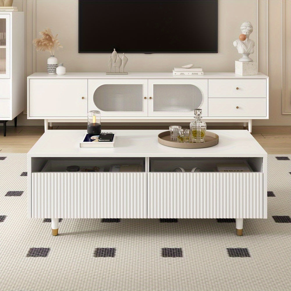 Salontafel – Koffietafel – Bijzettafel – Nachtkastje – Woonkamertafel – Modern Golvend Ladeontwerp – Wit-Gouden Metalen Poten – Dubbele Opberglades – Compact 80x40x45 cm