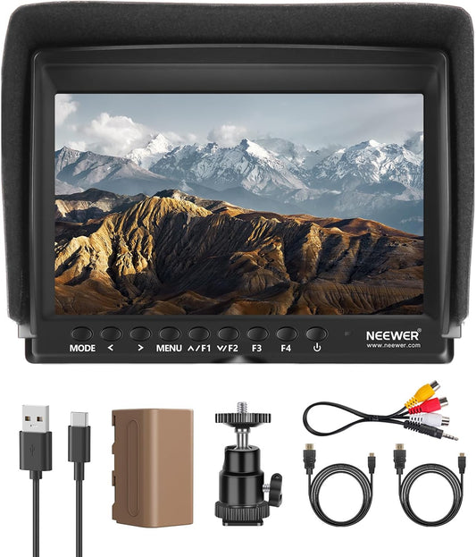 NEEWER F100 7 inch camera Field Monitor HD Video Assist IPS 1280x800 HDMI 1080p met 4400mAh F750 batterij, zonnekap & 360° kogelkop voor DSLR camera's, handstabilisator, film video making rigs