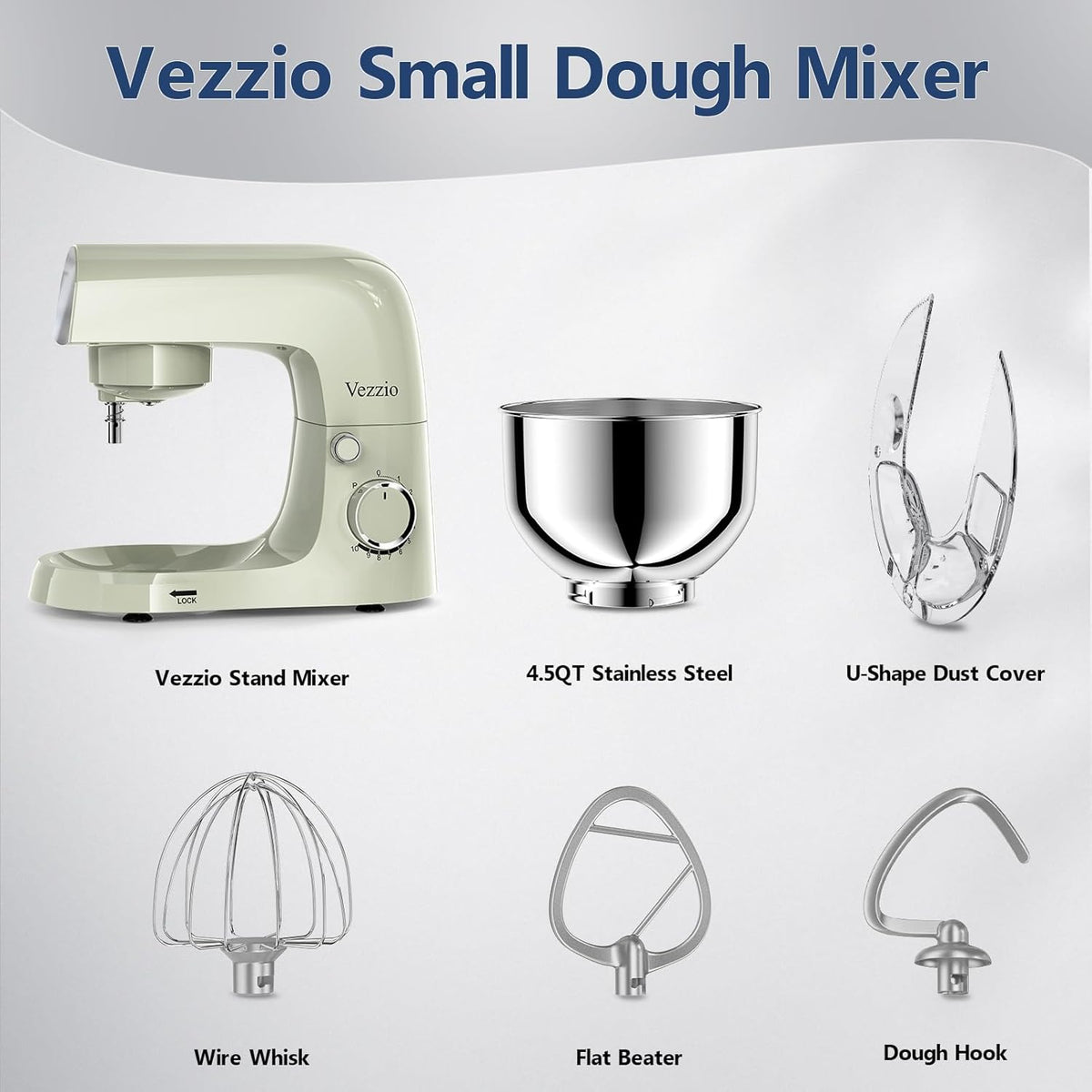 Vezzio Blender, 4,5 liter, 1500 W, 10 snelheden, keukenmachine om te bakken (zilver) (groen)