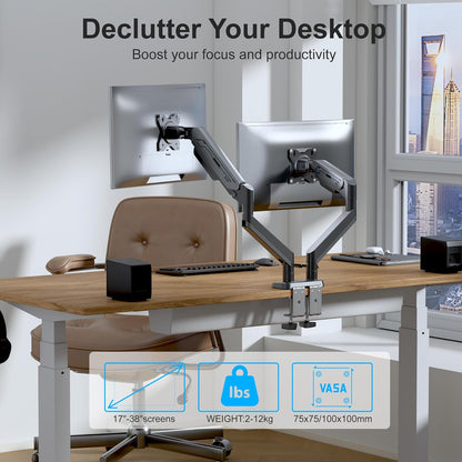 Dubbele monitorarm – Monitorhouder – Monitorbeugel – Monitorstandaard – Monitorsteun – Gasveerverstelling – Voor 17-38 Inch Tot 12 Kg – Donkergrijs