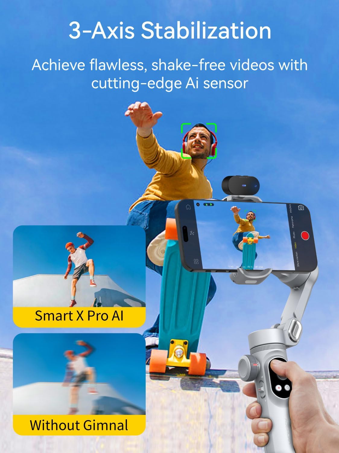 AOCHUAN 3-assige telefoon gimbal, gimbal stabilisator voor iPhone w/AI Vision Sensor, draagbaar voor iPhone/Andriod, telefoonstabilisator ingebouwd vullicht Perfect voor TikTok YouTube-Smart XPro AI