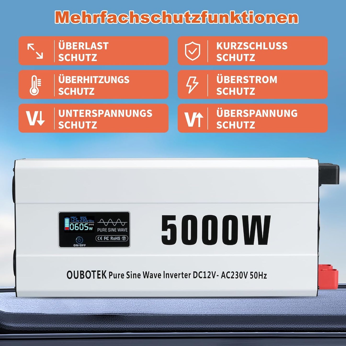 omvormer 5000W zuivere sinus DC 12V naar AC 230V met draadloze afstandsbediening LCD-scherm 2 AC-stopcontacten 1 AC-rijklem, spanningstransformator voor camper thuis off-grid zonne-energie