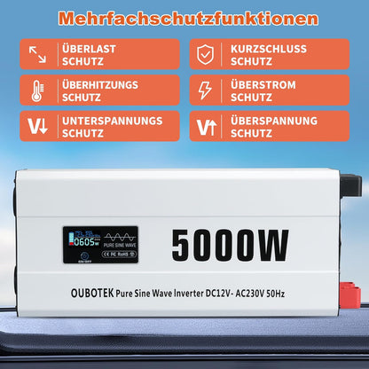 omvormer 5000W zuivere sinus DC 12V naar AC 230V met draadloze afstandsbediening LCD-scherm 2 AC-stopcontacten 1 AC-rijklem, spanningstransformator voor camper thuis off-grid zonne-energie