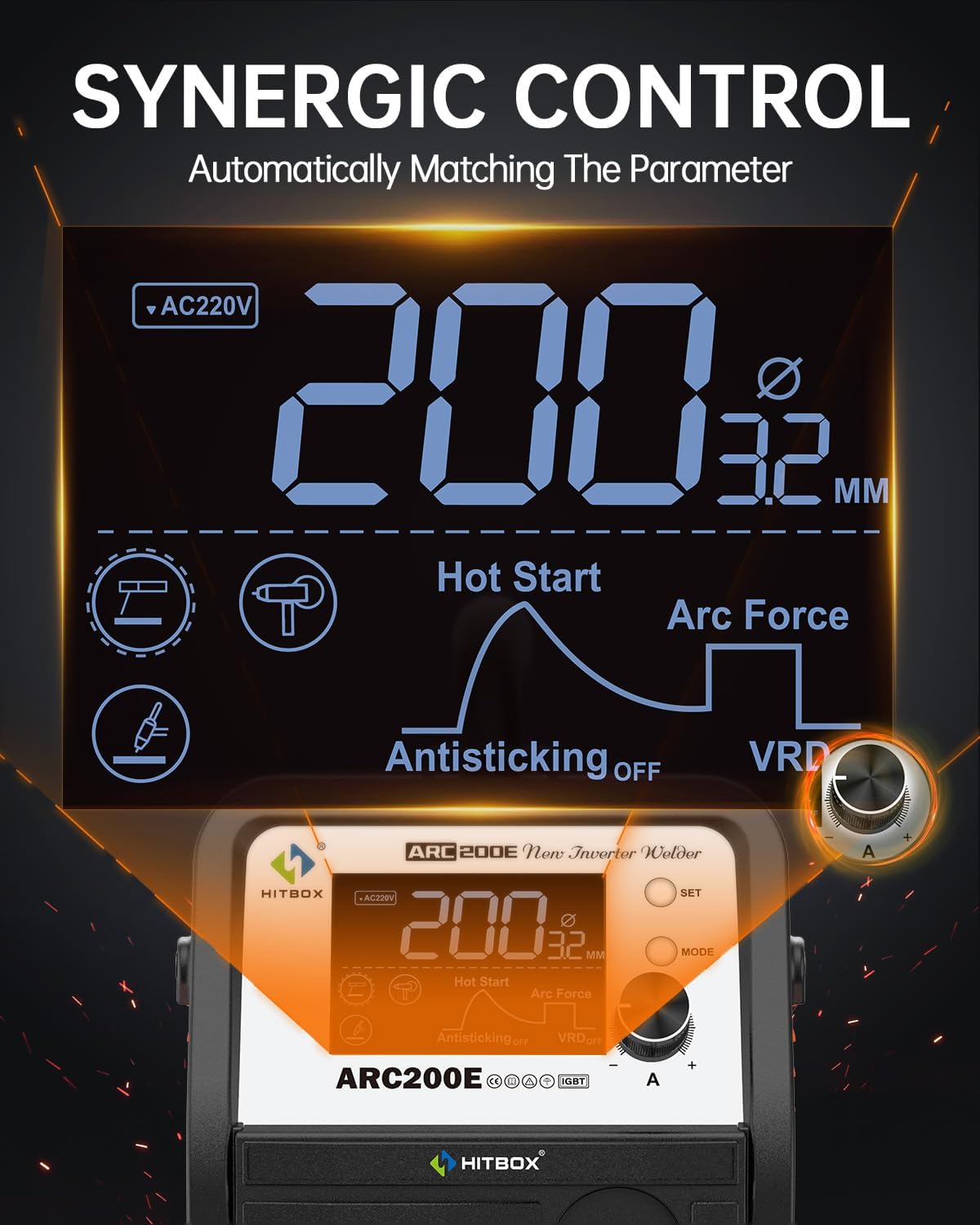HITBOX ARC200E Lasapparaat 200A Inverter IGBT DC MMA/Lift TIG, gasloos MIG met gevulde draad compatibel, synergische regeling, Hot Start, Anti-Stick, 230V met TFT-LCD display