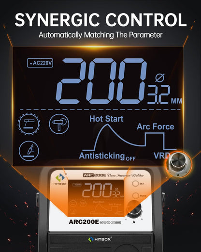 HITBOX ARC200E Lasapparaat 200A Inverter IGBT DC MMA/Lift TIG, gasloos MIG met gevulde draad compatibel, synergische regeling, Hot Start, Anti-Stick, 230V met TFT-LCD display