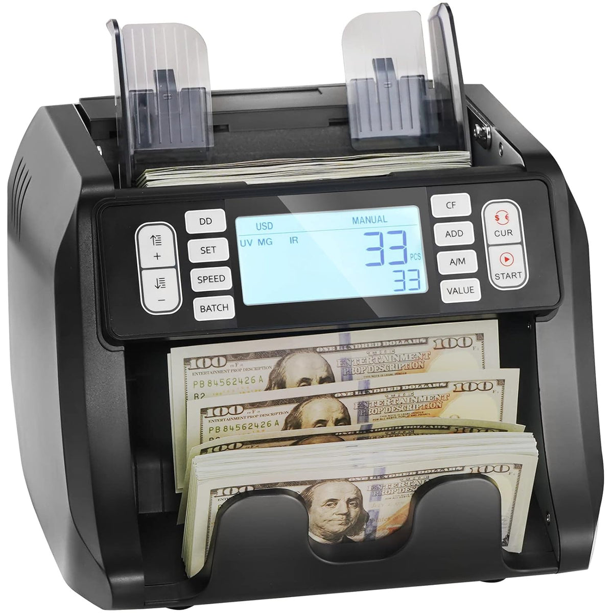 Geldtelmachine – Bankbiljettenteller, Geldteller, Kassabeller, Biljettenteller Voor USD En EUR – UV/MG/IR/DD Valsgelddetectie – 1.200 Biljetten Per Minuut En 500-Biljet Invoerlade