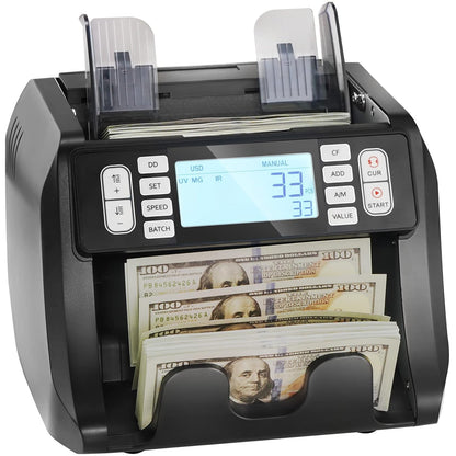Geldtelmachine – Bankbiljettenteller, Geldteller, Kassabeller, Biljettenteller Voor USD En EUR – UV/MG/IR/DD Valsgelddetectie – 1.200 Biljetten Per Minuut En 500-Biljet Invoerlade