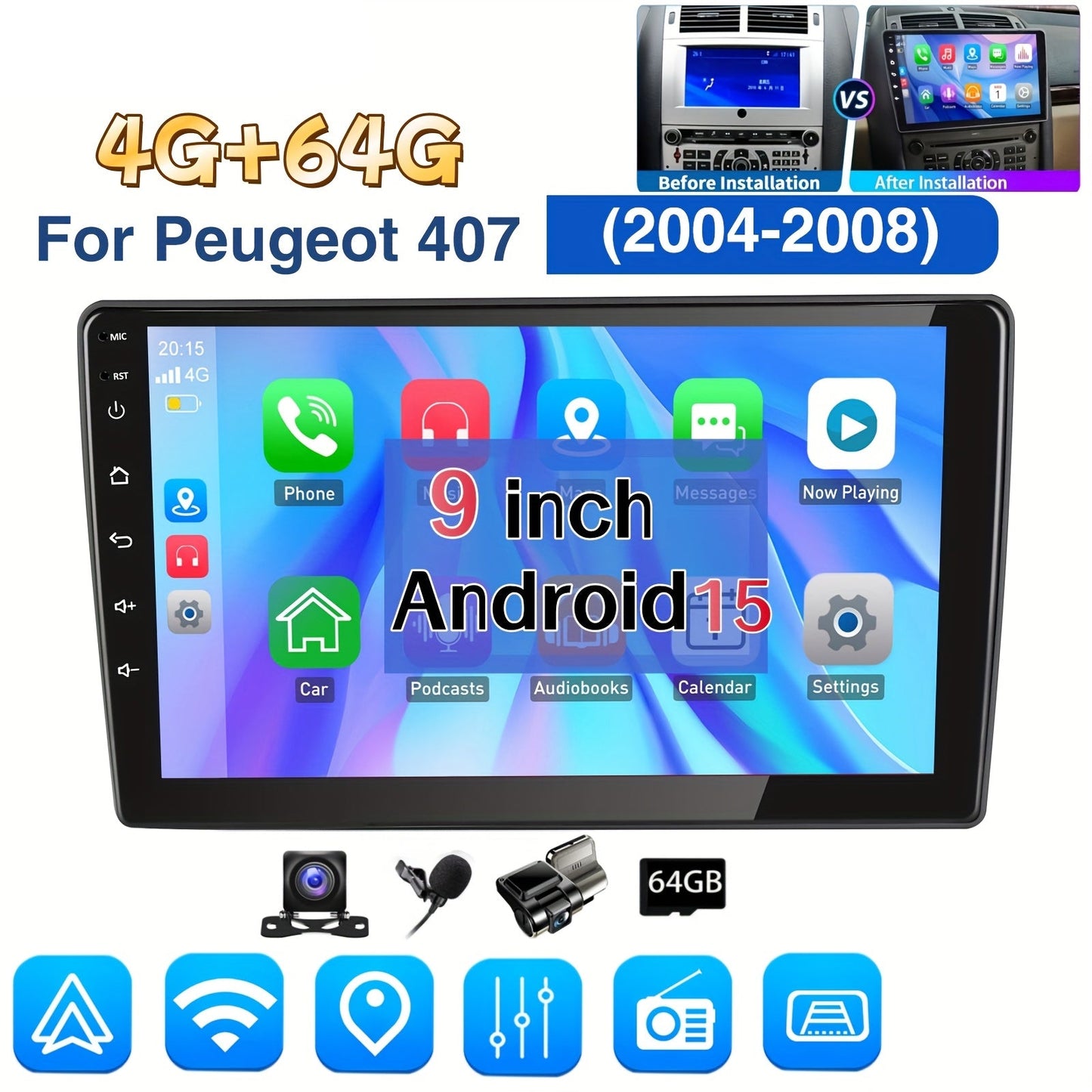 9 inch Autostereo – Autoradio – Multimedia Systeem – Navigatiesysteem – Touchscreen 2-DIN voor Peugeot 407 (2004-2008) – Android 15 Interface – Draadloos Android Auto & Split-Screen Functie