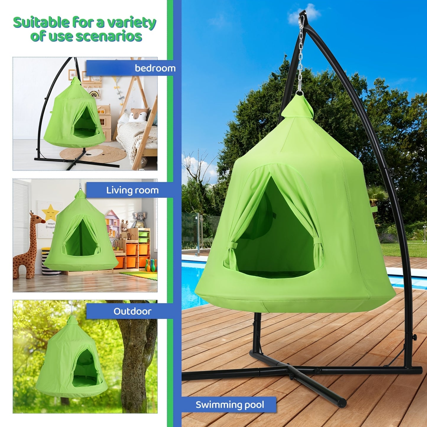 Hangmat voor Katten en Honden – Hangende Tent – Hangstoel – Speeltent – Camping Hangmat – 600D Oxford Waterafstotend – Opblaasbaar Kussen 150kg Draagvermogen – Groen