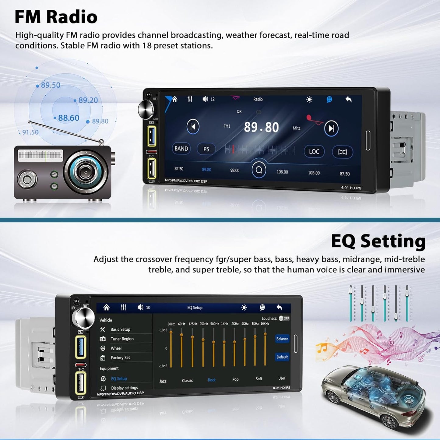 Carplay 1 Din Car Radio Compatible with Wireless Android Car 6.9 Inch Touch Screen Bluetooth Car Radio Supports Hands-free Mirror Link FM Radio/USB Type-C EQ with Rearview Camera - QUORE