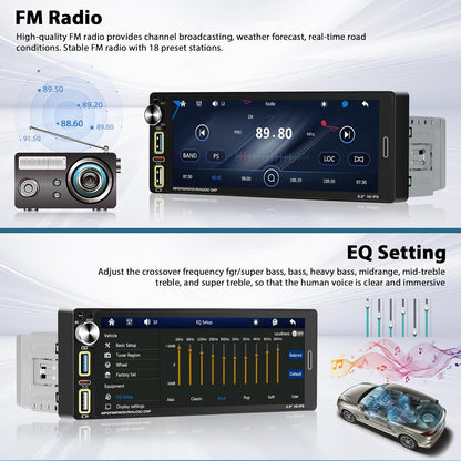 Carplay 1 Din Car Radio Compatible with Wireless Android Car 6.9 Inch Touch Screen Bluetooth Car Radio Supports Hands-free Mirror Link FM Radio/USB Type-C EQ with Rearview Camera - QUORE