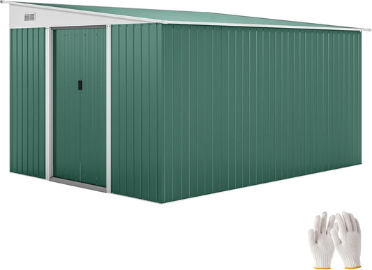 Outsunny Metall Gerätehaus 8.9 m² 280x345x201 cm Geräteschuppen mit Pultdach Schiebetür wetterfest Gartenhaus Outdoor Schrank Schuppen für Hinterhof Außenbereich Garten, Grün - QUORE