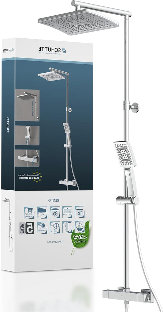 Douchesysteem – Doucheset – Douchezuil – Douchepaneel – Regendouche – Thermostaatkraan – Grote Regendouche 32x20 cm – Verstelbare Handdouche – Waterbesparend – Chroom