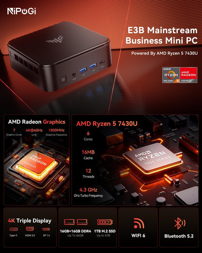 NiPoGi E3B Mini-pc, MD Ryzen 5 7430U (tot 4,3 GHz), 32 GB (2 x 16 GB) DDR4 1 TB M.2 SSD, mini-computer met W11 PRO|4K Triple Display|BT5.2|WiFi 6 voor zakelijke kantoren, design, thuisbioscoop