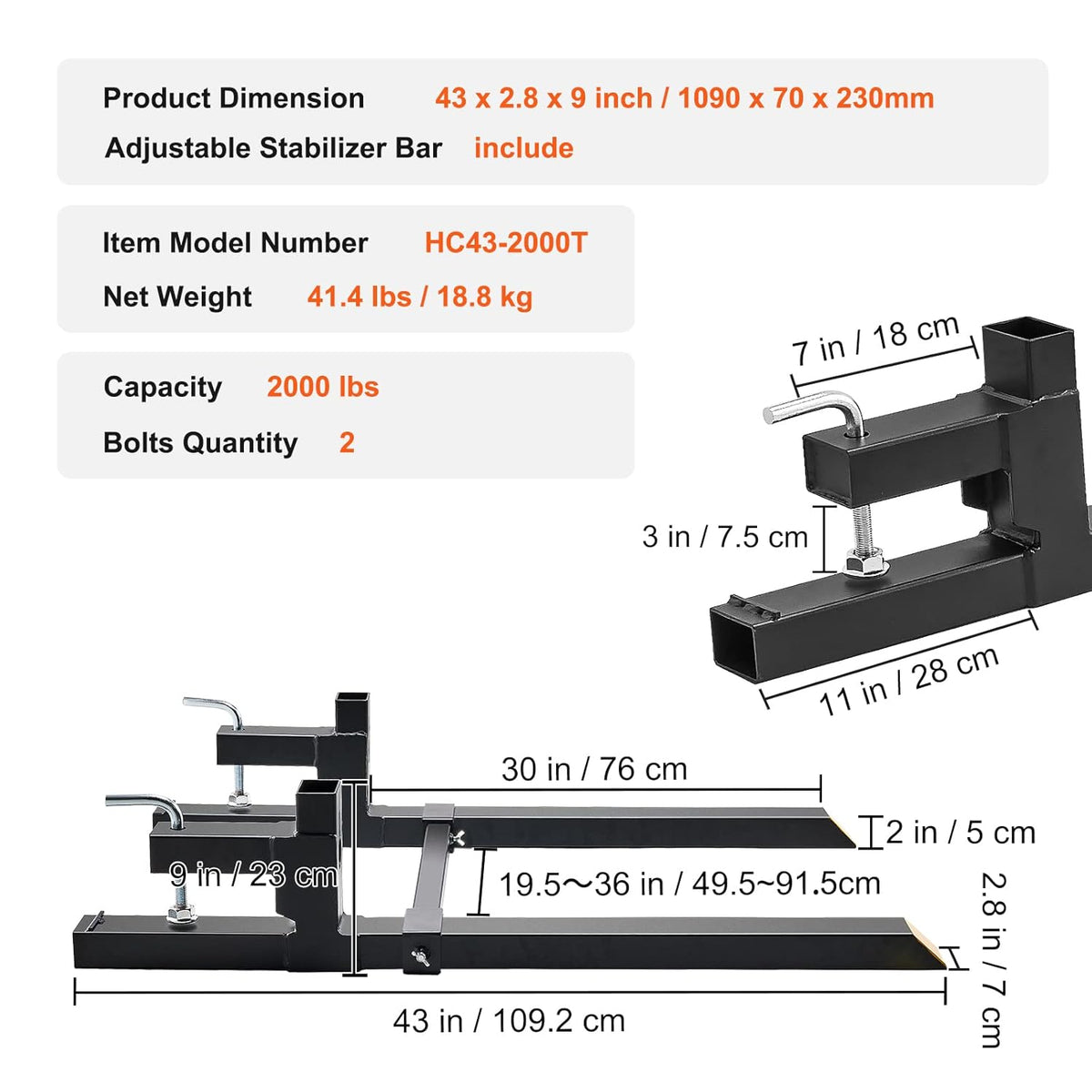 VEVOR Clamp for Tractor Forks, 109 cm, Clamp on Pallet Forks, Load Capacity 905 kg, Adjustable Stabilization Bar, Pallet Fork for Forklift with Loading Scoop