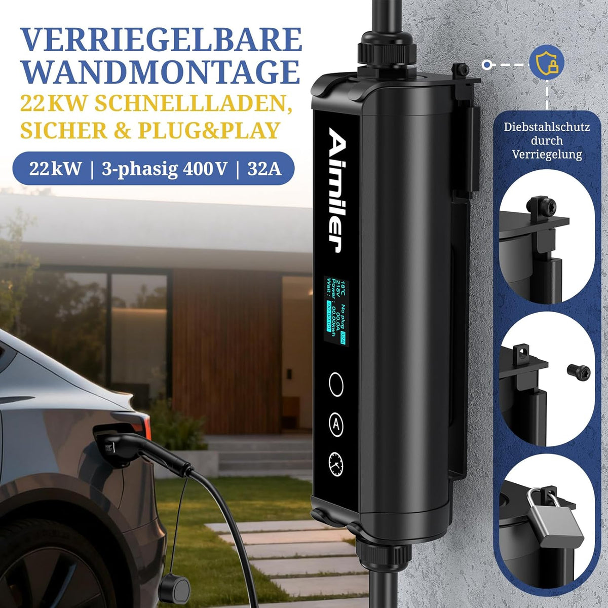 Draagbare EV Oplader – Elektrische Auto Lader – Mobiele EV Charger – 3-fasen Laadpunt – 22 kW Snel Laden – Wifi App Bediening