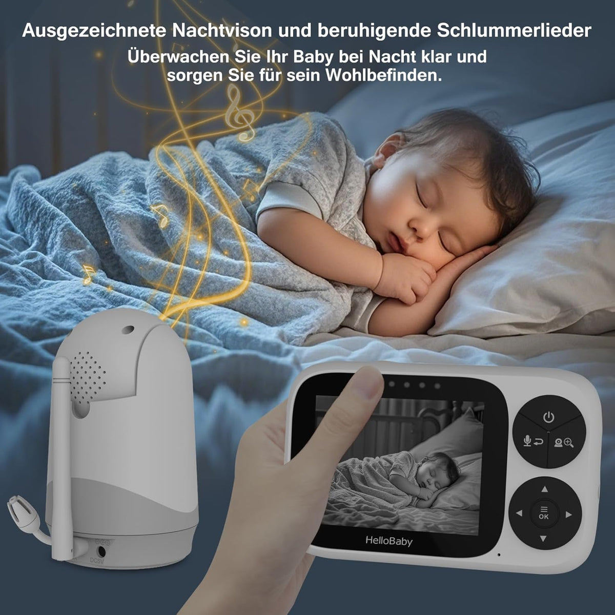 HelloBaby Babymonitor, video en audiocamera voor kinderen, met monitor, 3,2 inch IPS-scherm, zonder wifi, nachtzicht, pan-tilt-zoom, alarm slaapliedje en bereik van 1000 voeten, 2 camera's inbegrepen
