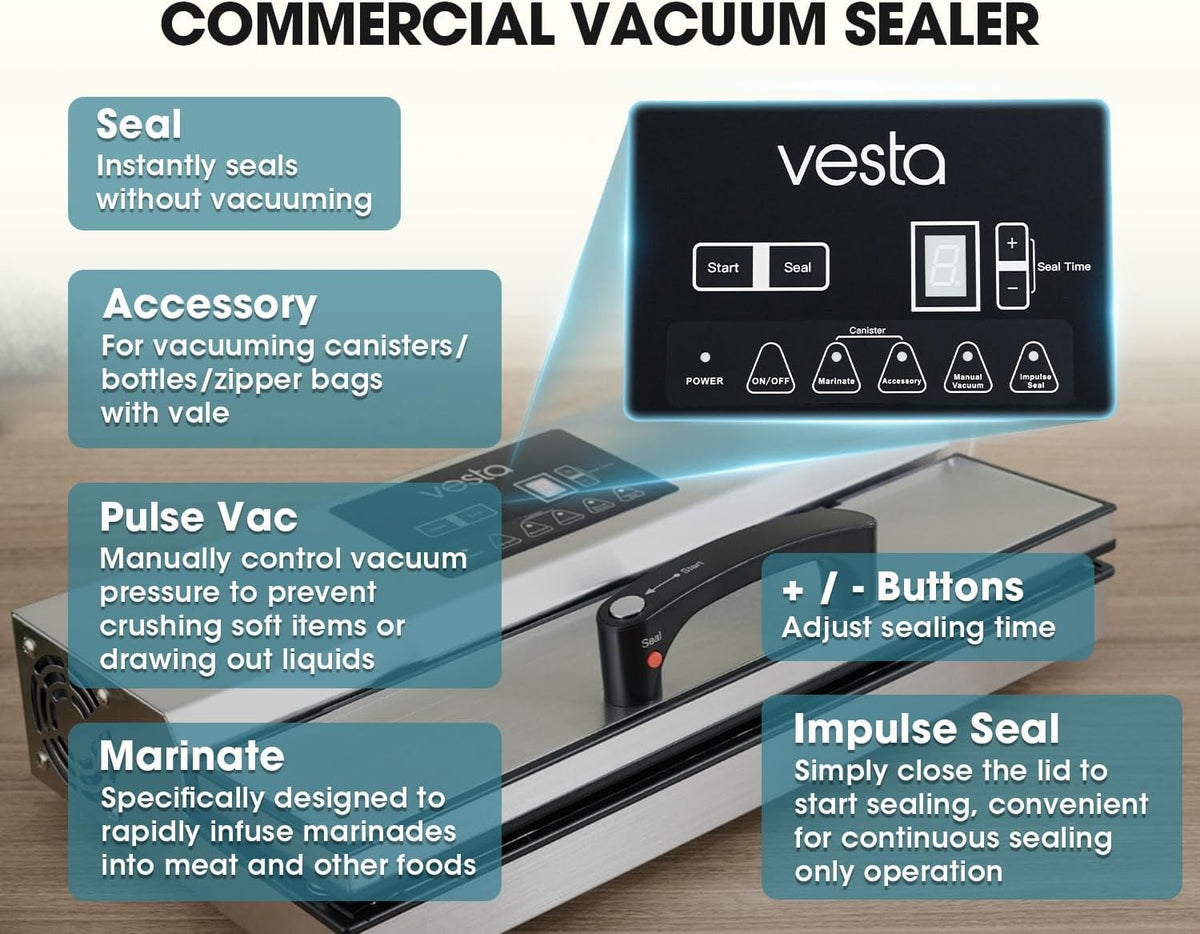 Vesta Precision Vac'n Seal Pro II Vacuümsealer - Slim afdichtingsontwerp, bediening op volle snelheid, moeiteloze zware werklast, gepatenteerde snijdooszakken, ontworpen en onderhouden in de VS