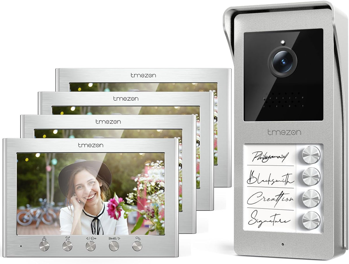 TMEZON Intercom met 2 draden, met 4 TFT-monitoren, 7 inch (17,8 cm) en buitenbel met camera, nachtzicht, twee-weg audio, T30 voor 4 gezinnen/woningen