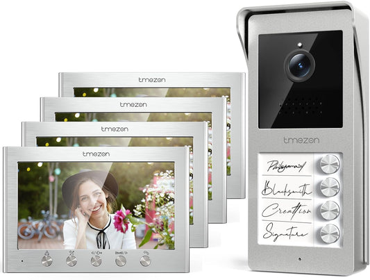TMEZON Intercom met 2 draden, met 4 TFT-monitoren, 7 inch (17,8 cm) en buitenbel met camera, nachtzicht, twee-weg audio, T30 voor 4 gezinnen/woningen