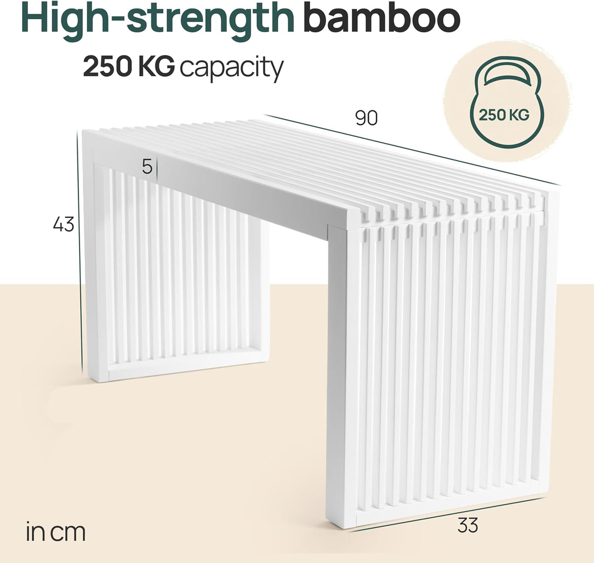 Bamboe Bank - Keukenbankje - Eetkamerbank - 90 x 33 x 43 cm - Eetbank Van Bamboe - Ingangsbank - Comfortabele Halbank - Zitbank Eetkamer Houten Bank Zonder Rugleuning (Wit)