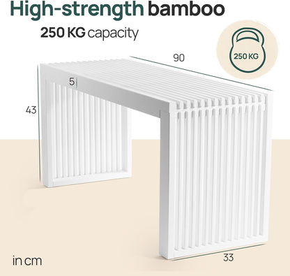 Bamboe Bank - Keukenbankje - Eetkamerbank - 90 x 33 x 43 cm - Eetbank Van Bamboe - Ingangsbank - Comfortabele Halbank - Zitbank Eetkamer Houten Bank Zonder Rugleuning (Wit)
