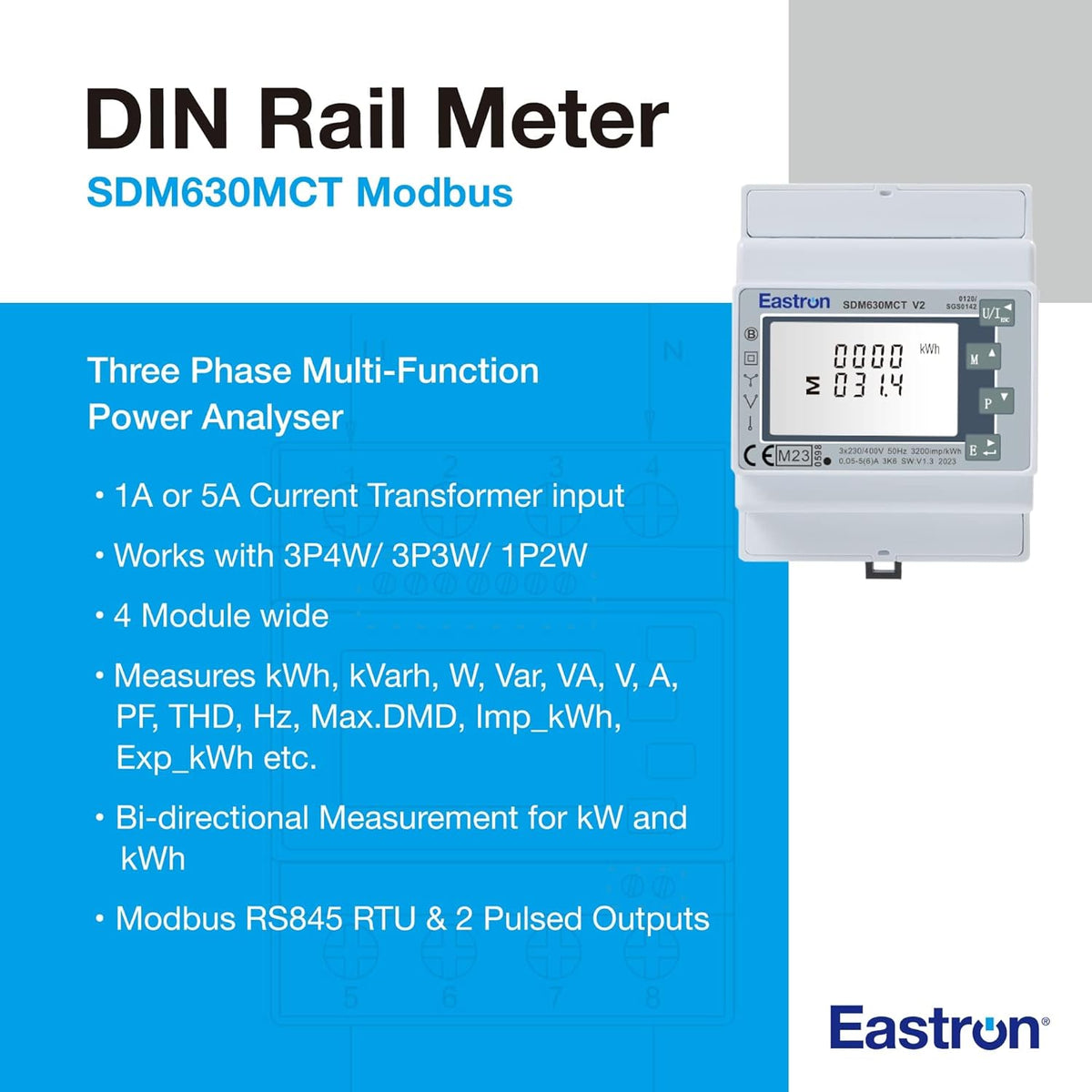 Eastron CT-gestuurde Din-rail driefasige MID-energiemeter en zonne-energiemonitor - 3P4W/3P3W/1P2W - Multi-meet zonnemonitor - 2 pulsuitgangen - 4 module 72 mm breed (SDM630MCT-MODBUS-MID)