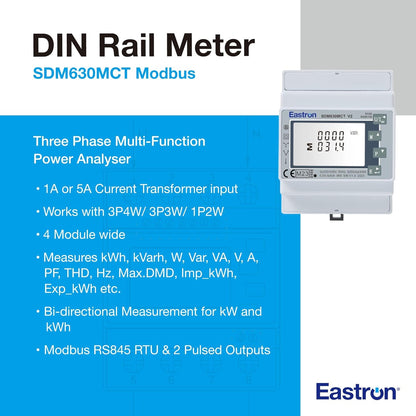 Eastron CT-gestuurde Din-rail driefasige MID-energiemeter en zonne-energiemonitor - 3P4W/3P3W/1P2W - Multi-meet zonnemonitor - 2 pulsuitgangen - 4 module 72 mm breed (SDM630MCT-MODBUS-MID)
