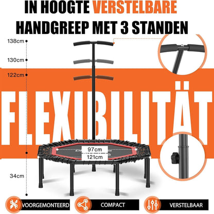 DH FitLife Indoor Fitness Trampoline opvouwbaar zonder installatie | Ø121 cm (48 inch) | Draagvermogen 150 kg | 3 verstelbare handgreepniveaus | Stevig en stil